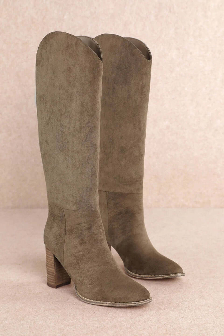 Taupe Suede Tall Western Block Heel Boots - Cowgirl Charm