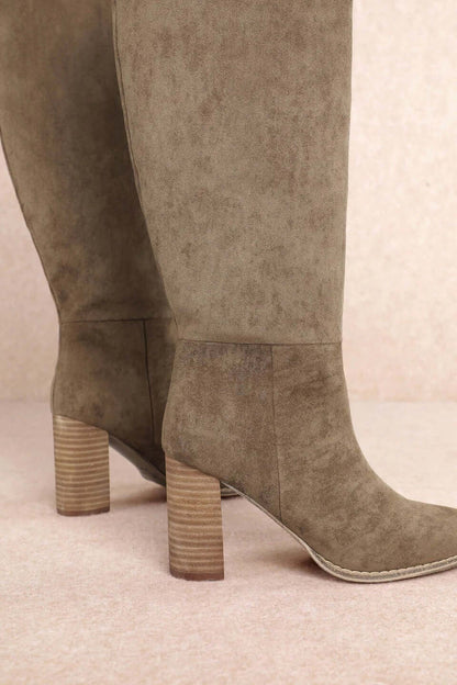 Taupe suede tall Western block heel boots by MI.MI, featuring pointed toes and stylish Western-inspired design.