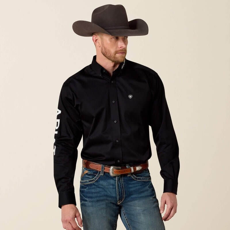 Ariat team logo twill classic fit shirt featuring a casual design, with a front chest logo and button-down collar.