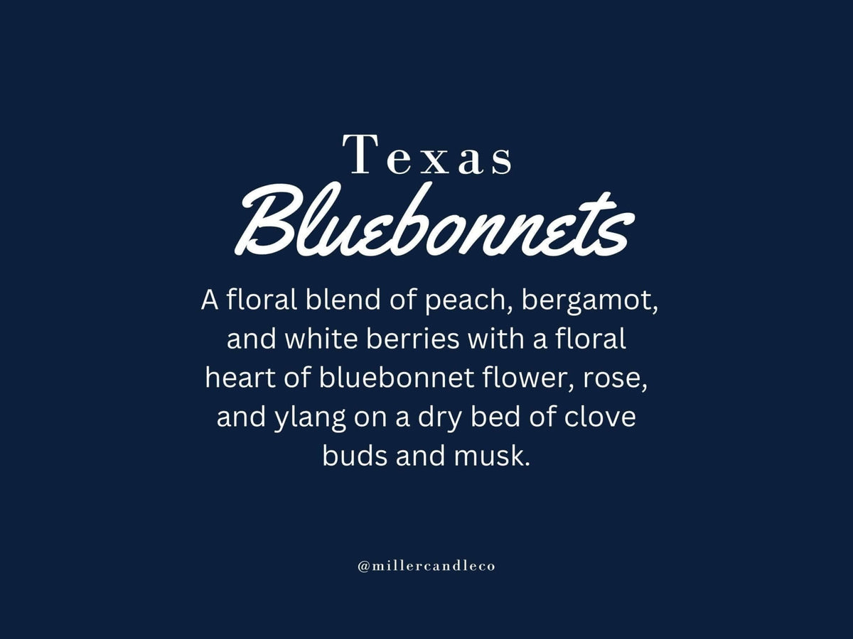 Texas Bluebonnets Candle by Miller Candle Co. in a glass jar with a floral bluebonnet design, perfect for home decor and gifts.