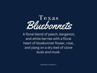 Texas Bluebonnets Candle by Miller Candle Co. in a glass jar with a floral bluebonnet design, perfect for home decor and gifts.