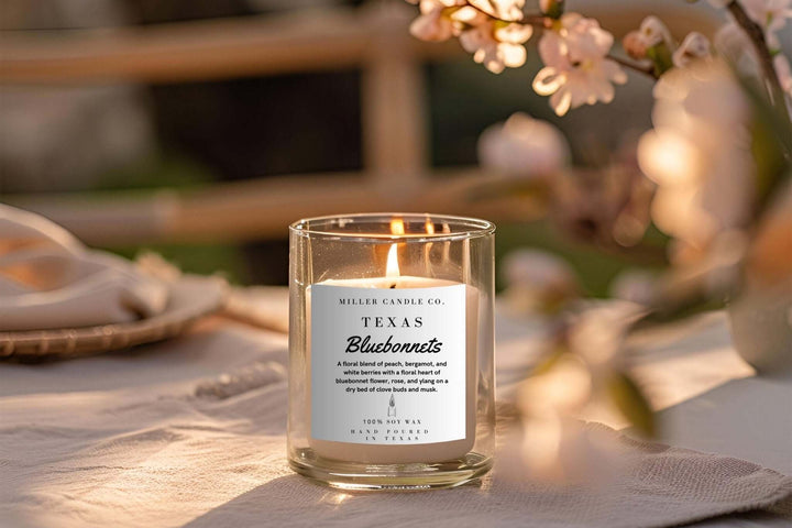 Texas Bluebonnets Candle by Miller Candle Co., featuring a beautifully designed candle with bluebonnet floral motif for home decor.
