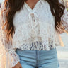 Tie V Neck Lace Ruffle Detail Long Sleeve Blouse - Cowgirl Charm