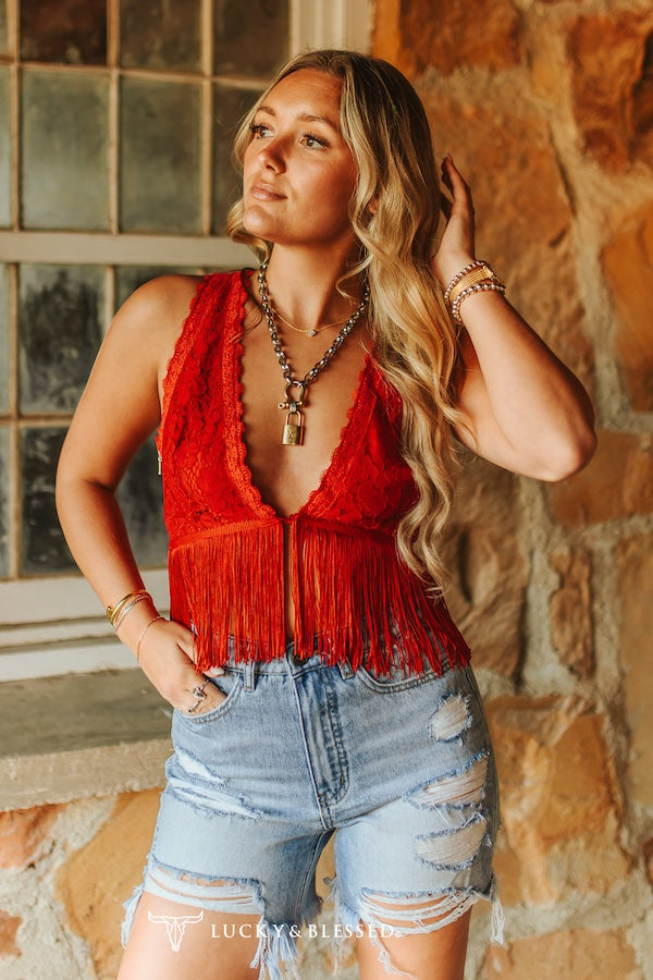 Lucky and Blessed RED LACE FRINGE HEM CROP TOP