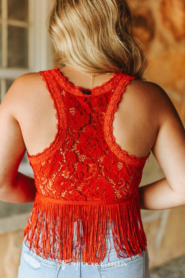 Lucky and Blessed RED LACE FRINGE HEM CROP TOP