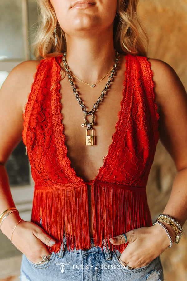 Lucky and Blessed RED LACE FRINGE HEM CROP TOP