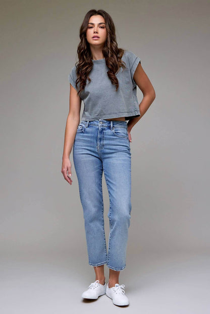 Hidden Jeans Tracey Clean Stretch straight-leg jeans with 28-inch inseam, showcasing a fitted denim silhouette and classic blue wash.