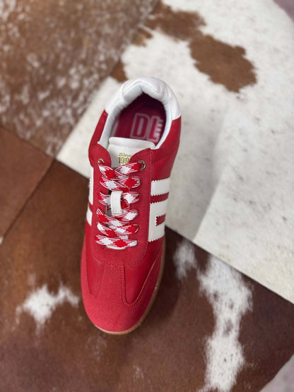 Dirty Laundry Trackstar sneaker in red and white, featuring a stylish design with white laces and a sporty rubber sole.