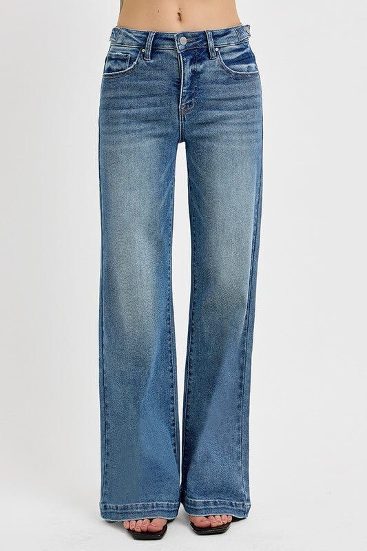 Risen tummy control high-rise wide-leg jeans with adjustable waistband, showcasing a smooth fit and stylish denim design.