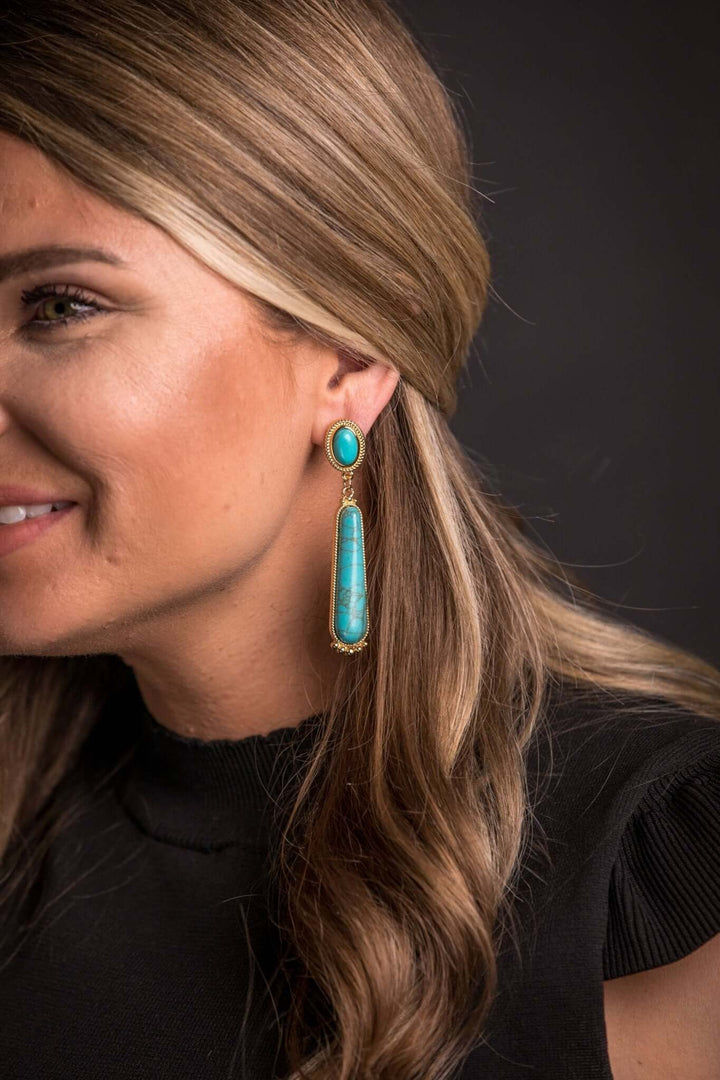 Turquoise Post Earring w/ Elongated Turquoise Stone & Gold - Cowgirl Charm