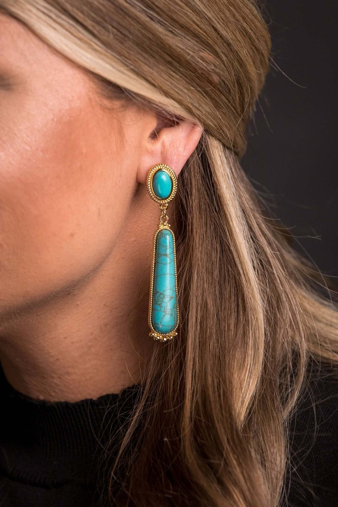 Turquoise Post Earring w/ Elongated Turquoise Stone & Gold - Cowgirl Charm