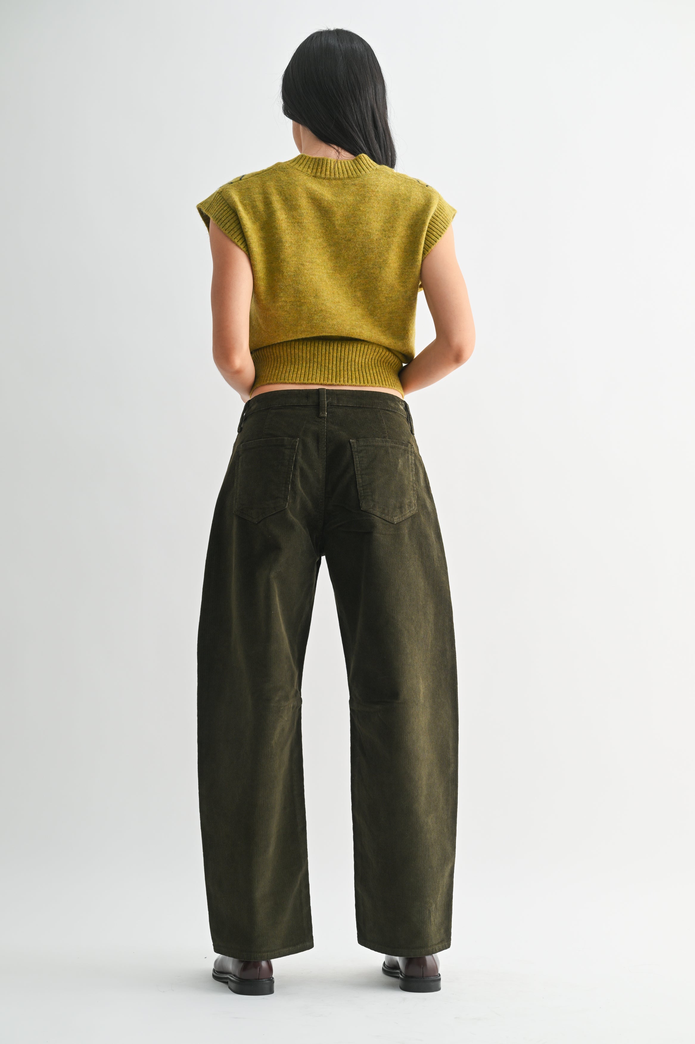 Just Black Denim Olive Corduroy Barrel Leg Pants – Women’s High Rise Trousers