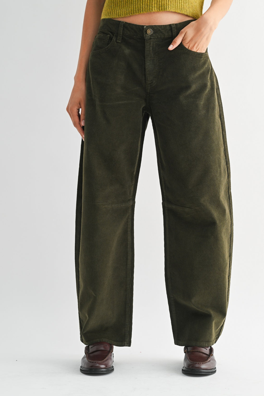 Just Black Denim Olive Corduroy Barrel Leg Pants – Women’s High Rise Trousers