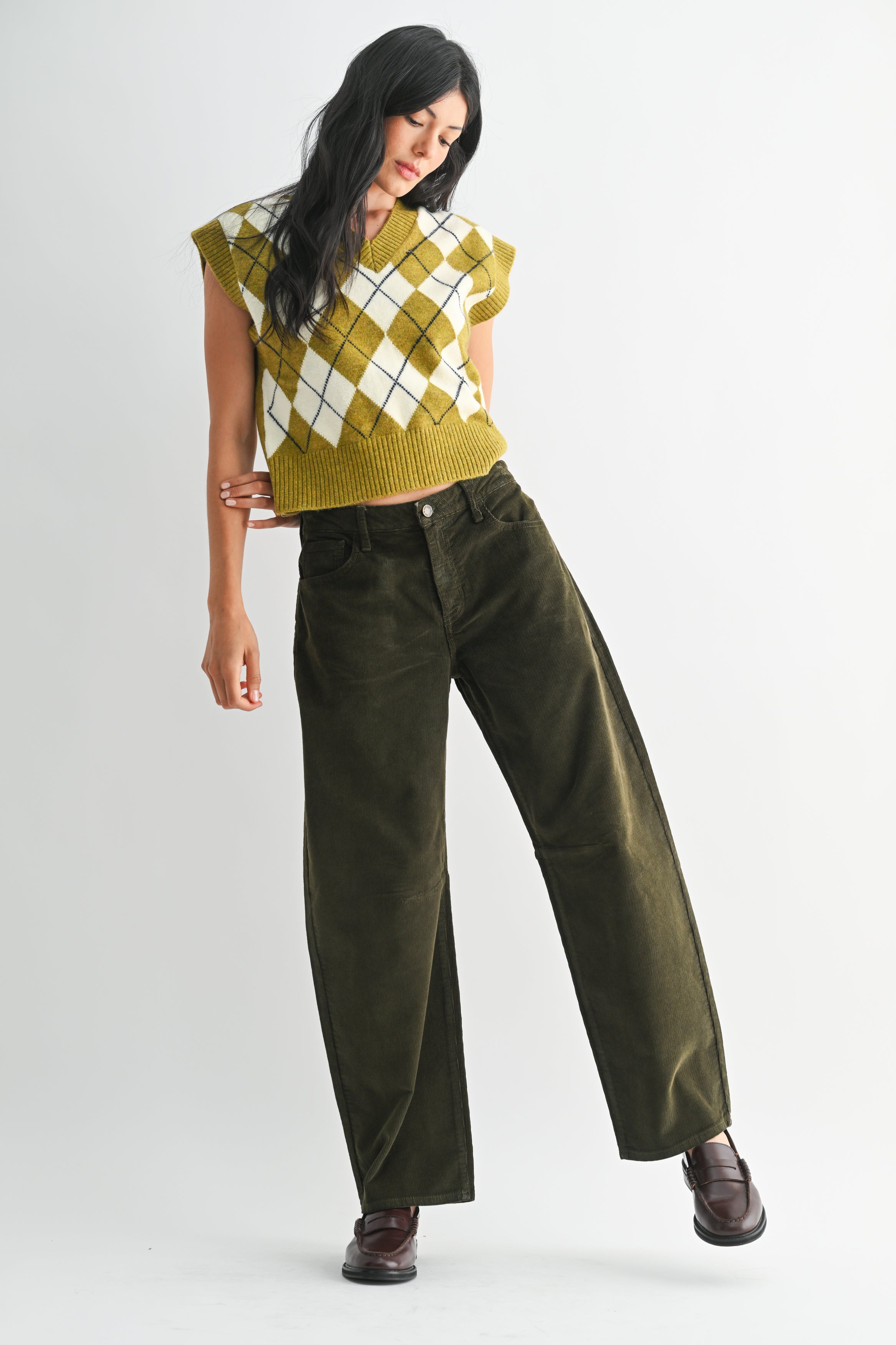 Just Black Denim Olive Corduroy Barrel Leg Pants – Women’s High Rise Trousers