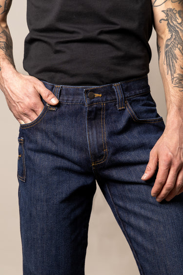 Kimes Ranch Watson men's dark wash relaxed bootcut denim jeans displayed on a hanger.