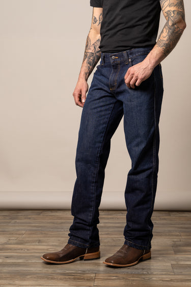 Dark wash Kimes Ranch Watson men's relaxed bootcut denim jeans with classic five-pocket design and contrast stitching.