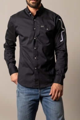 Kimes Ranch men’s Western performance shirt in black and red Talbott with Cool Max fabric, featuring Western-inspired design and details.