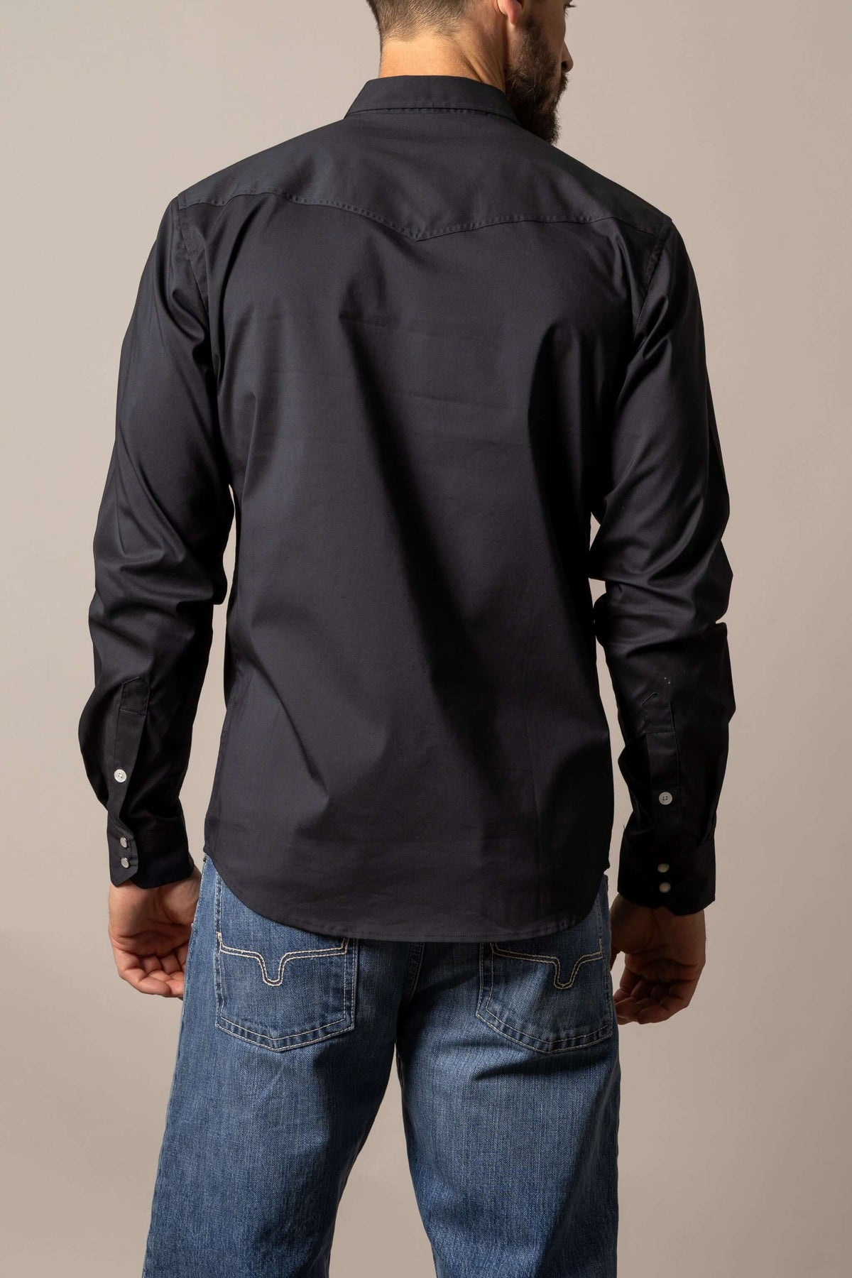 Kimes Ranch men's Western performance shirt in black and red Talbott fabric, featuring a stylish Western design and cool max fabric.
