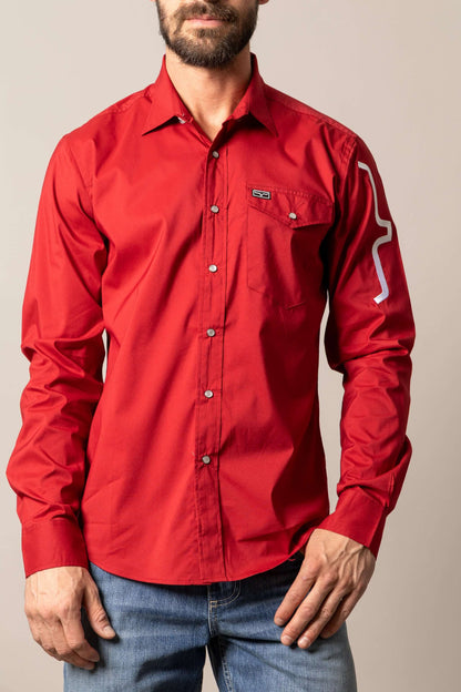Men's Kimes Ranch Western Performance Shirt in black and red Talbott with Cool Max fabric, featuring Western styling and button details.