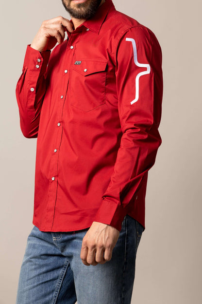 Kimes Ranch men's Western performance shirt in black and red Talbott with Cool Max fabric, featuring Western-style design and branding.