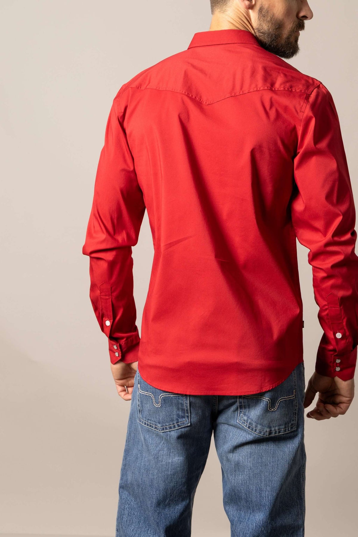 Kimes Ranch men's Western performance shirt in black and red Talbott fabric, featuring stylish western design and cool max fabric.