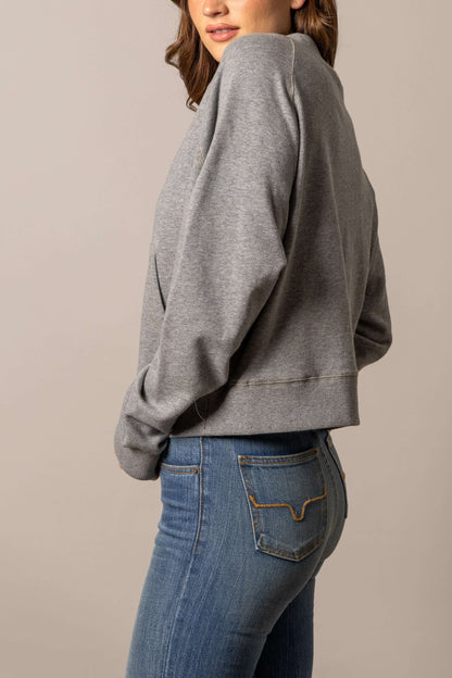 Kimes Ranch women's cropped crewneck sweatshirt in Heather Grey with graphic design, casual and comfortable fit.