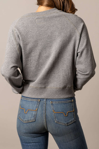 Kimes Ranch women's cropped crewneck sweatshirt in heather grey with graphic design, casual and comfortable fit.
