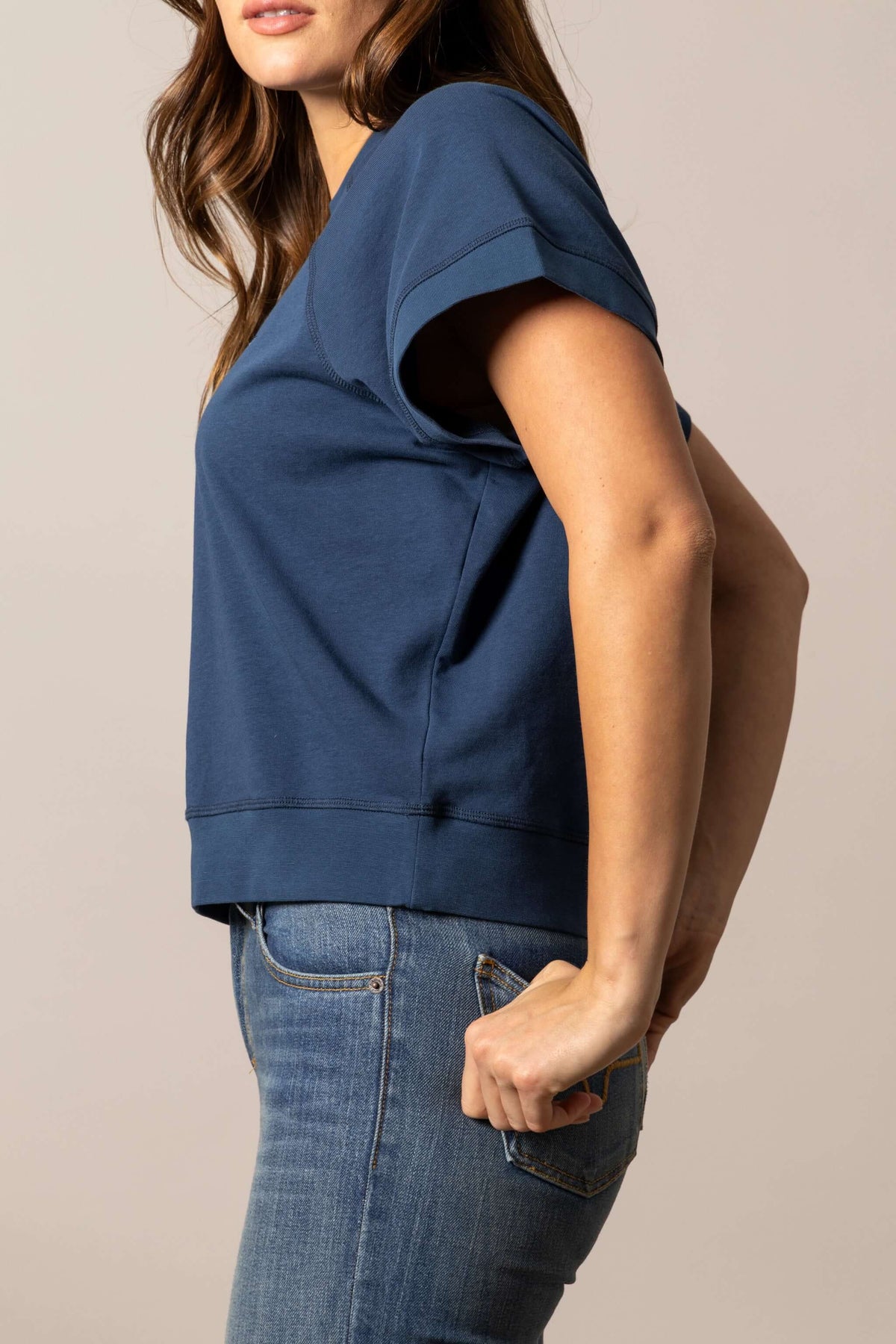 Kimes Ranch women’s navy cropped short sleeve sweatshirt with graphic design, casual and comfortable for everyday wear.