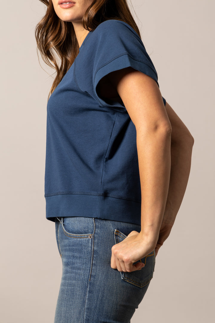 Kimes Ranch Women’s Cropped Short Sleeve Sweatshirt – Navy