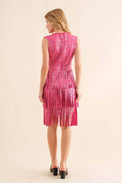 Blue B V-neck layered fringe bottom dress featuring a stylish V-neckline and flowing layered fringe details.