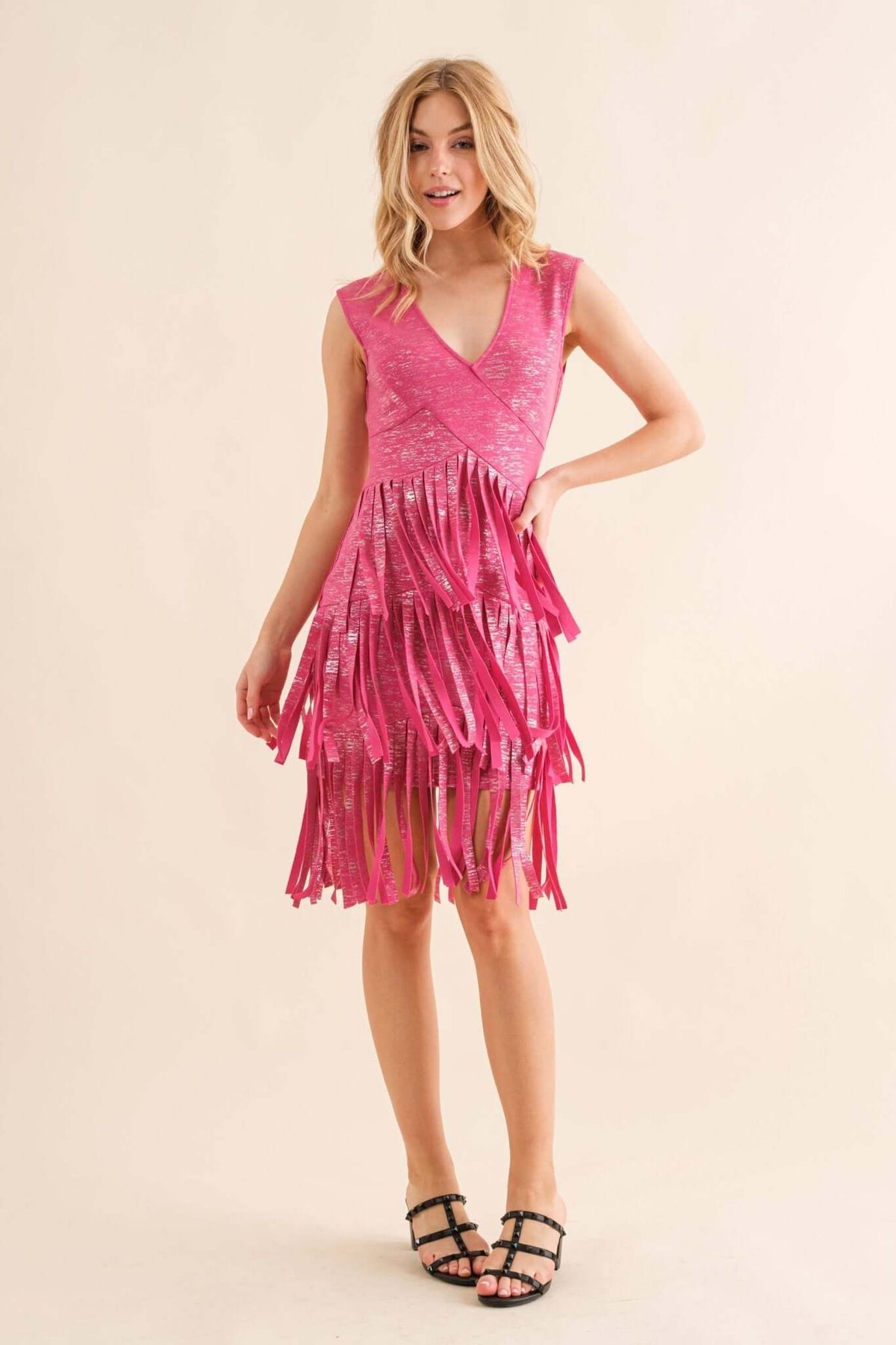 Blue B V-neck layered fringe bottom dress showing a flowing, stylish design with tiered fringe details and a V-neckline.