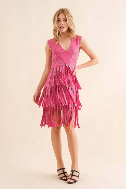 Blue B V-neck layered fringe bottom dress showing a flowing, stylish design with tiered fringe details and a V-neckline.