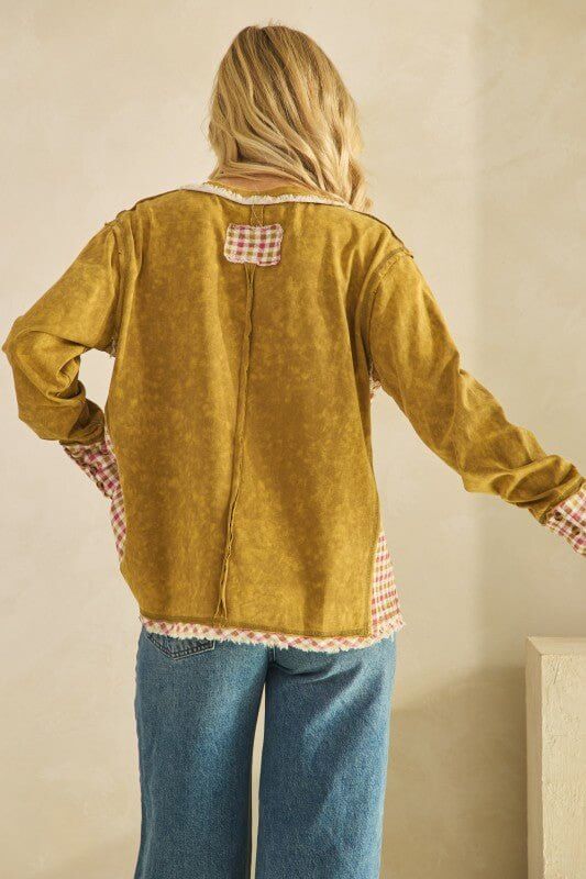 Vintage mustard floral patchwork sweater with number 17 design by Sage + Fig, featuring a cozy, boho-inspired style.