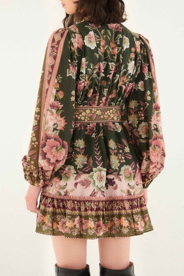 Sunday Up Olive Garden vintage floral belted mini dress with a charming cowgirl style, featuring a colorful floral pattern and waist belt.