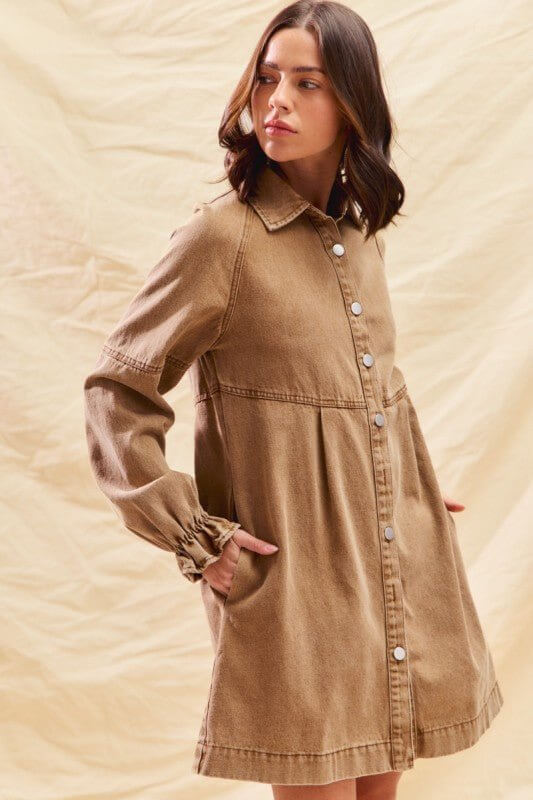 Washed Color Denim Button Down Shirt Mini Dress - Cowgirl Charm