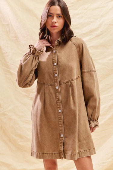 Washed Color Denim Button Down Shirt Mini Dress - Cowgirl Charm