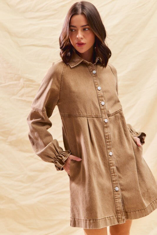 Washed Color Denim Button Down Shirt Mini Dress - Cowgirl Charm