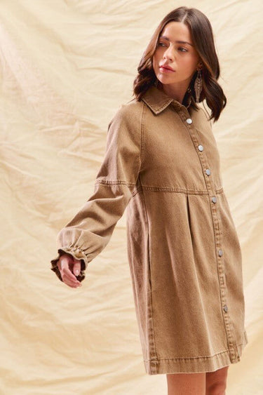 Washed Color Denim Button Down Shirt Mini Dress - Cowgirl Charm