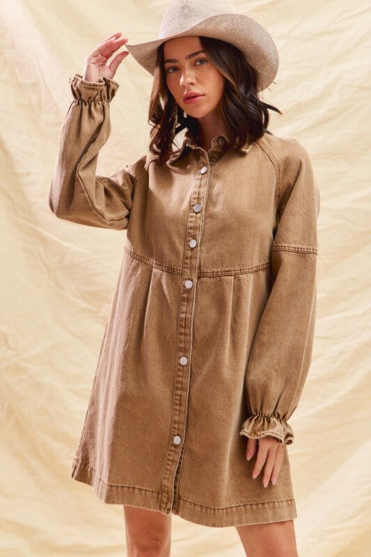 Washed Color Denim Button Down Shirt Mini Dress - Cowgirl Charm