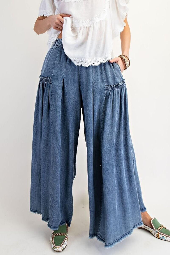 WASHED WIDE LEG PALAZZO CHAMBRAY PANTS - Cowgirl Charm