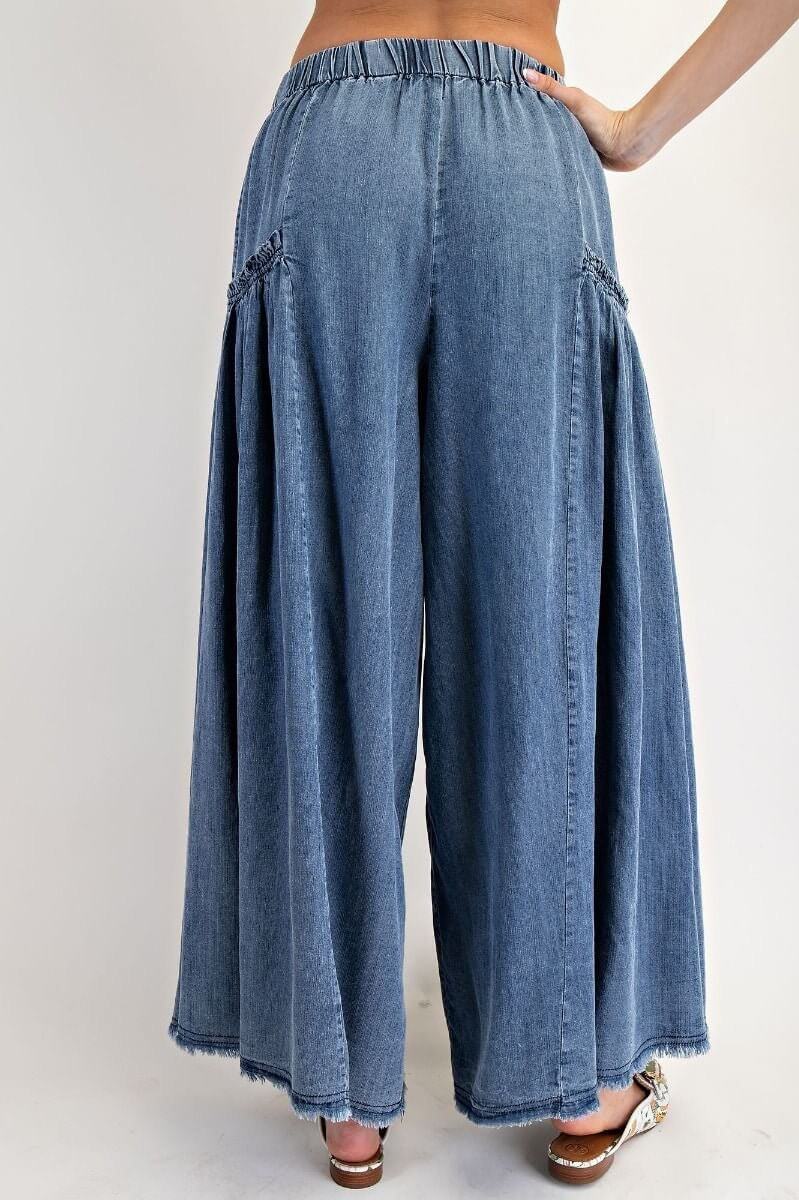WASHED WIDE LEG PALAZZO CHAMBRAY PANTS - Cowgirl Charm
