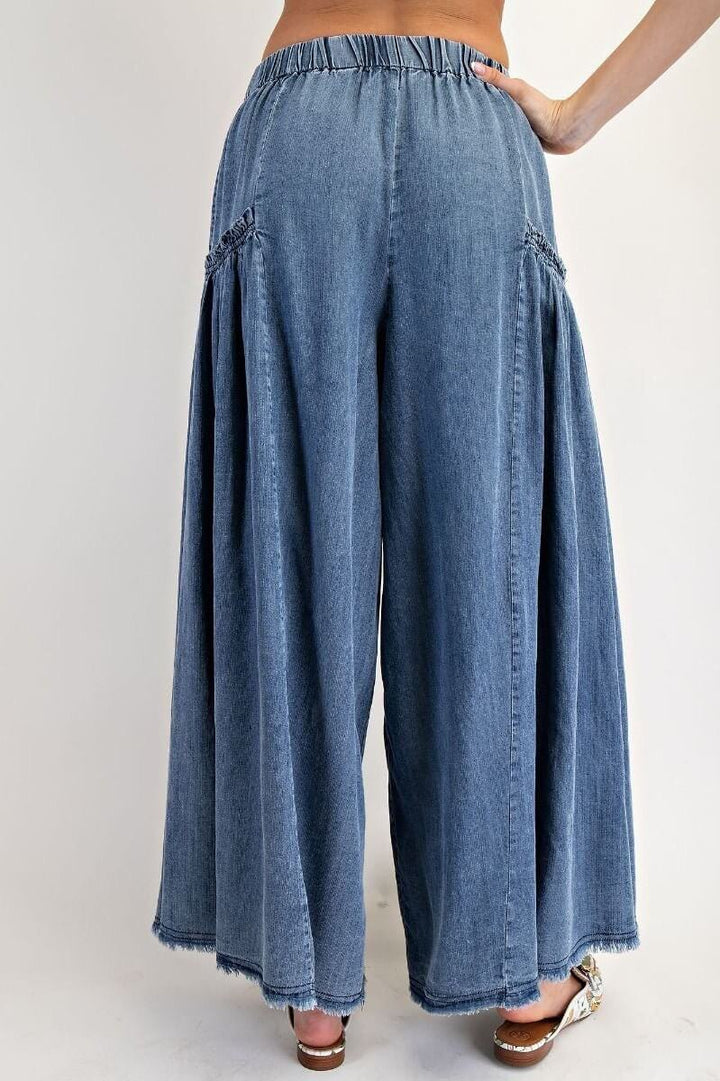 WASHED WIDE LEG PALAZZO CHAMBRAY PANTS - Cowgirl Charm