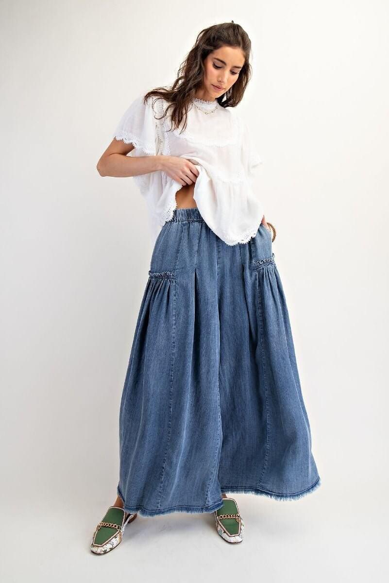 WASHED WIDE LEG PALAZZO CHAMBRAY PANTS - Cowgirl Charm