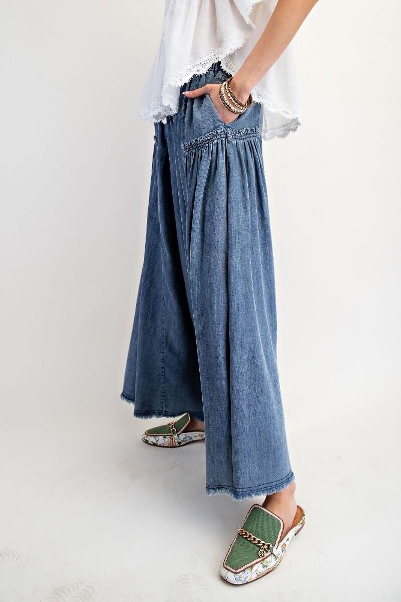WASHED WIDE LEG PALAZZO CHAMBRAY PANTS - Cowgirl Charm