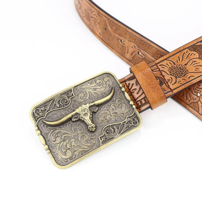 Western cow head belt buckle by ACCITY, detailed metal accessory for belts with intricate western-inspired design.