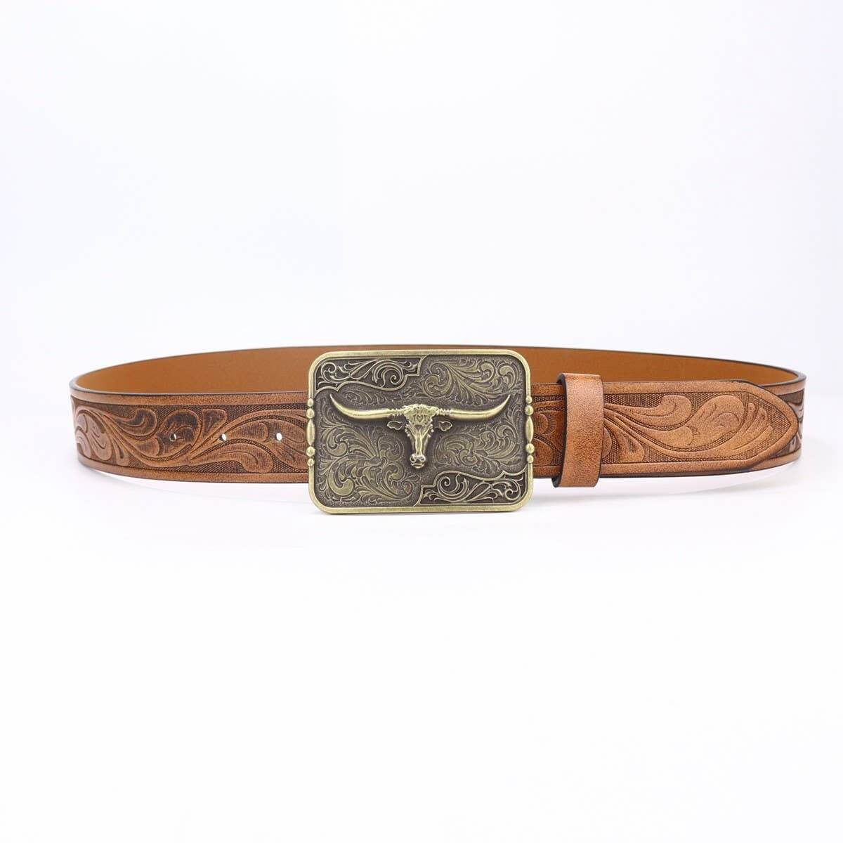 Western cow head belt buckle by ACCITY, detailed metal accessory for belts, featuring intricate Western-style design.