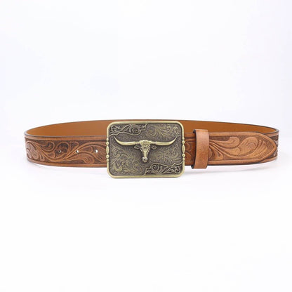 Western cow head belt buckle by ACCITY, detailed metal accessory for belts, featuring intricate Western-style design.