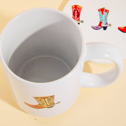 Western cowboy boots 15 oz mug with matching coaster by Anarchy Street, featuring detailed cowboy boot design and rustic style.