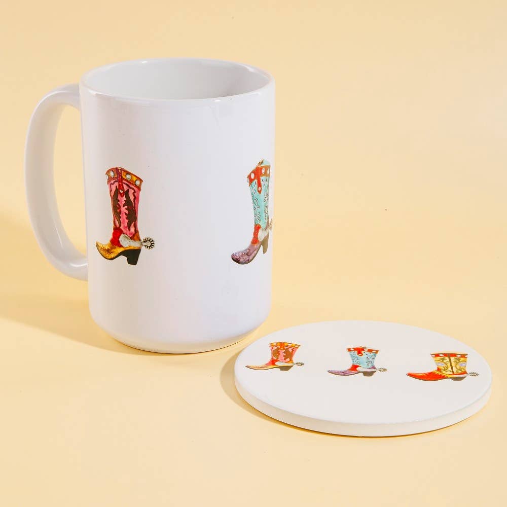 Western cowboy boots design on a 15 oz mug with matching coaster from Anarchy Street, featuring detailed Western-themed artwork.