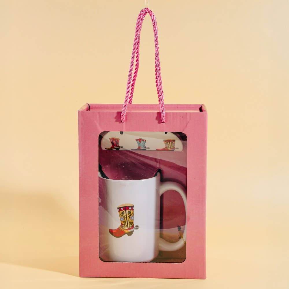 Western cowboy boots 15 oz mug with matching coaster from Anarchy Street, featuring detailed cowboy boot design.